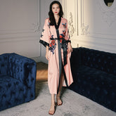 Satin Robes for Women Sexy Sleepwear Chiffon Bridesmaid Robe Pink Rose Bird Nightgown Leisure Wear Home Sleep Tops 2022 Summer